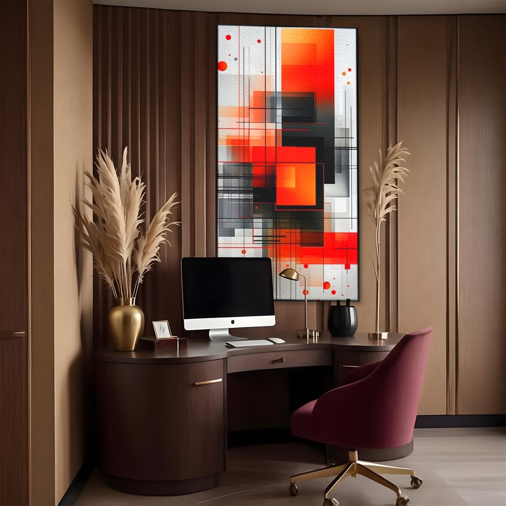 Tablou canvas cu tablou abstract vertical cu linii si forme rosii, in rama de aluminiu negru, pe perete intr-un birou